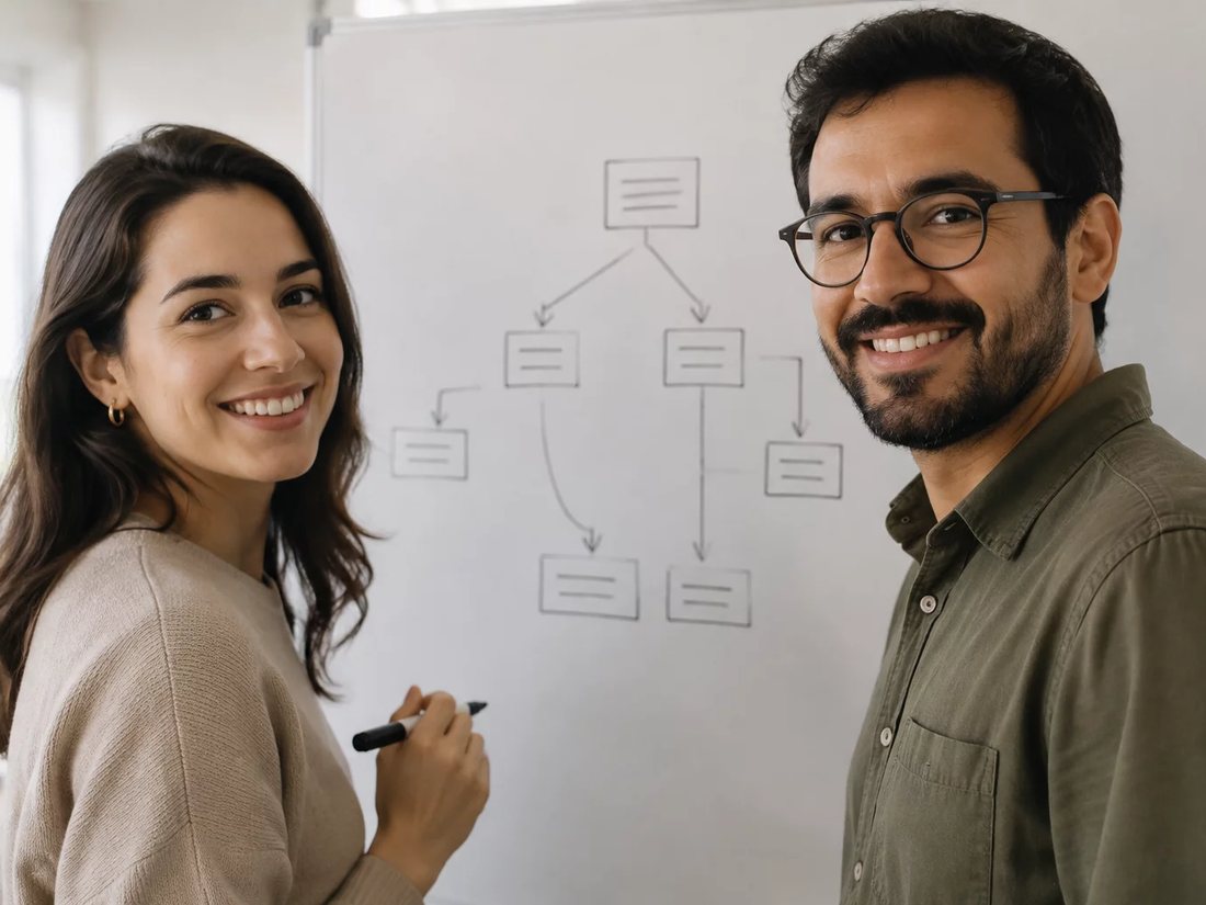 Quem conduz aponta para o esquema de um argumento no quadro branco enquanto um inscrito acompanha