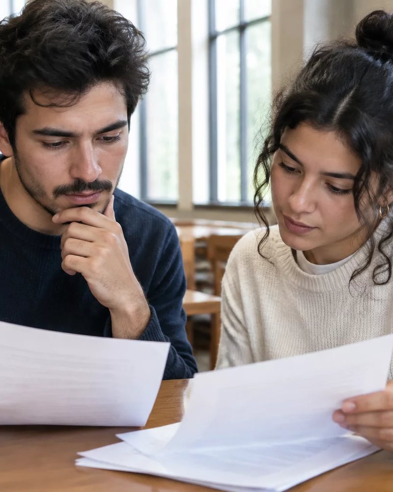 Duas pessoas discutem de pé entre estantes de biblioteca, cada uma defendendo o seu ponto